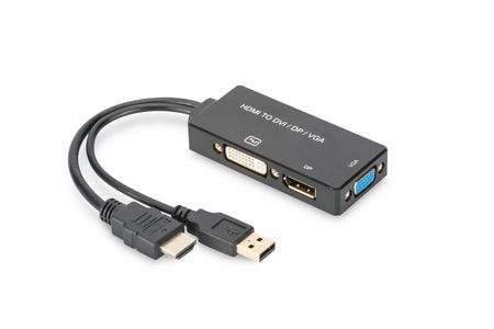ASSMANN Electronic HDMI til Displayport,  DVI, VGA, adapter. 0,2m sort., USB kabel til strøm (AK-330403-002-S)
