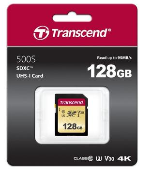TRANSCEND d 500S - Flash memory card - 128 GB - Video Class V30 / UHS-I U3 / Class10 - SDXC UHS-I (TS128GSDC500S)