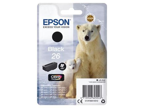 EPSON n Ink Cartridges,  Claria" Premium Ink, 26, Polar bear, Singlepack,  1 x 6.2 ml Black (C13T26014012)