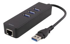 DELTACO nätverksadapter, 1xGigabitRJ45, 1xUSB3 A ha, 3x USB3 ho, svart