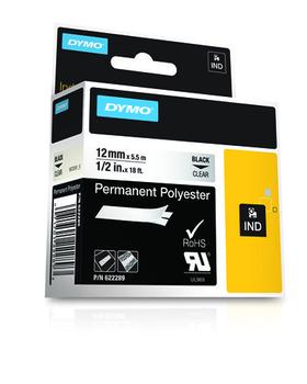 DYMO Rhino Prof, polyesteriteippi, 12mm, musta teksti läpinäk.teippi, 5, 5m (622289)