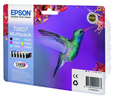 EPSON T0807 ink cartridge black and five colour standard capacity black and colour: 7.4ml 6-pack RF-AM blister (C13T08074021 $DEL)