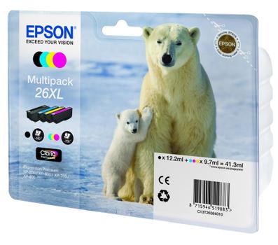 EPSON n Ink Cartridges,  Claria" Premium Ink, 26XL, Polar bear, Multipack,  1 x 9.7 ml Yellow, 1 x 9.7 ml Cyan, 1 x 9.7 ml Magenta, 1 x 12.2 ml Black, RF+AM (C13T26364020)