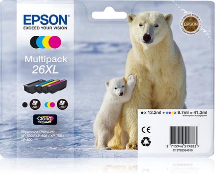 EPSON n Ink Cartridges,  Claria" Premium Ink, 26XL, Polar bear, Multipack,  1 x 9.7 ml Yellow, 1 x 9.7 ml Cyan, 1 x 9.7 ml Magenta, 1 x 12.2 ml Black, RF+AM (C13T26364020)