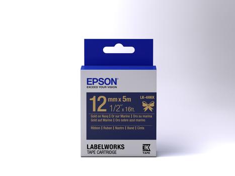 EPSON n LabelWorks LK-4HKK - Satin - gold on navy - Roll (1.2 cm x 5 m) 1 cassette(s) ribbon tape - for LabelWorks LW-1000, 300, 400, 600, 700, 900, K400, Z5000, Z5010, Z700, Z710, Z900 (C53S654002)