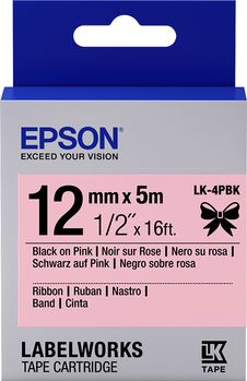 EPSON LabelWorks LK-4PBK - Satin - svart på rosa - Rulle (1,2 cm x 5 m) 1 kassett(er) bandtejp - för LabelWorks Cable and Wiring Kit, LW-1000, 600, 700, K400, Z700, Z710, Z900, Safety Kit (C53S654031)