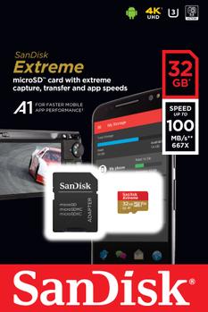 SANDISK MicroSDHC Extreme 32GB+Adap Rescue Pro Deluxe 100MB/s A1 C10 V30 UHS-I U3 (SDSQXAF-032G-GN6MA)