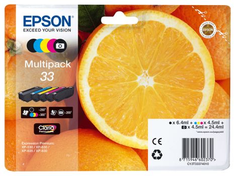 EPSON n Ink Cartridges,  Claria" Premium Ink, 33, Oranges, Multipack,  1 x 6.4 ml Black, 1 x 4.5 ml Yellow, 1 x 4.5 ml Photo Black, 1 x 4.5 ml Cyan, 1 x 4.5 ml Magenta, Standard, RF+AM (C13T33374021)