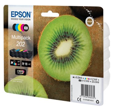 EPSON n Ink Cartridges,  Claria" Premium Ink, 202, Kiwi, Multipack,  1 x 6.9 ml Black, 1 x 4.1 ml Cyan, 1 x 4.1 ml Yellow, 1 x 4.1 ml Magenta, 1 x 4.1 ml Photo Black, Standard, RF+AM (C13T02E74020)