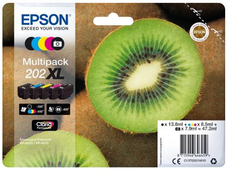 EPSON n Ink Cartridges,  Claria" Premium Ink, 202XL, Kiwi, Multipack,  1 x 13.8 ml Black, 1 x 8.5 ml Cyan, 1 x 8.5 ml Yellow, 1 x 8.5 ml Magenta, 1 x 7.9 ml Photo Black, High, XL, RF+AM (C13T02G74020)