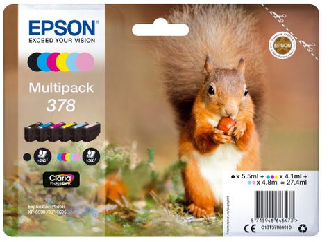 EPSON n Ink Cartridges,  Claria" Photo HD Ink, 378, Squirrel, Multipack,  1 x 5.5 ml Black, 1 x 4.1 ml Cyan, 1 x 4.8 ml Light Cyan, 1 x 4.1 ml Yellow, 1 x 4.1 ml Magenta, 1 x 4.8 ml Light Magenta, RF+AM (C13T37884020)