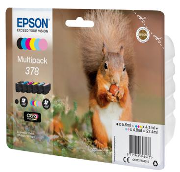 EPSON n Ink Cartridges,  Claria" Photo HD Ink, 378, Squirrel, Multipack,  1 x 5.5 ml Black, 1 x 4.1 ml Cyan, 1 x 4.8 ml Light Cyan, 1 x 4.1 ml Yellow, 1 x 4.1 ml Magenta, 1 x 4.8 ml Light Magenta, RF+AM (C13T37884020)