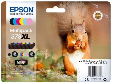 EPSON n Ink Cartridges,  Claria" Photo HD Ink, 378XL, Squirrel, Multipack,  1 x 11.2 ml Black, 1 x 9.3 ml Cyan, 1 x 10.3 ml Light Cyan, 1 x 9.3 ml Yellow, 1 x 9.3 ml Magenta, 1 x 10.3 ml Light Magenta (C13T37984010)