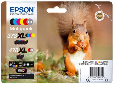 EPSON n Ink Cartridges,  Claria" Photo HD Ink, 378XL+478XL,  Squirrel Multipack,  1 x 11.2 ml Black, 1 x 9.3 ml Cyan, 1 x 9.3 ml Yellow, 1 x 9.3 ml Magenta, 1 x 10.2 ml Red, 1 x 11.2 ml Grey (C13T379D4010)