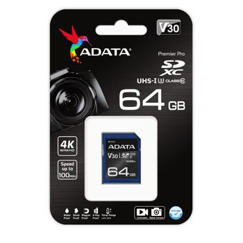 A-DATA ADATA Premier Pro SDXC 64GB Video Class V30 / UHS-I U3 / Class10 (ASDX64GUI3V30S-R)