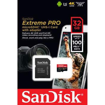 SanDisk Extreme Pro - Flashminnekort (microSDXC til SD-adapter inkludert) - 32 GB - A1 / Video Class V30 / UHS-I U3 - 667x - microSDHC UHS-I (SDSQXCG-032G-GN6MA)