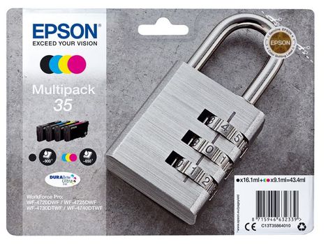 EPSON n Ink Cartridges,  DURABrite" Ultra, 35, Padlock, Multipack,  1 x 16.1 ml Black, 1 x 9.1 ml Cyan, 1 x 9.1 ml Yellow, 1 x 9.1 ml Magenta (C13T35864010)