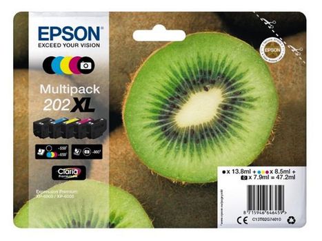 EPSON n Ink Cartridges,  Claria" Premium Ink, 202XL, Kiwi, Multipack,  1 x 13.8 ml Black, 1 x 8.5 ml Cyan, 1 x 8.5 ml Yellow, 1 x 8.5 ml Magenta, 1 x 7.9 ml Photo Black, High, XL (C13T02G74010)