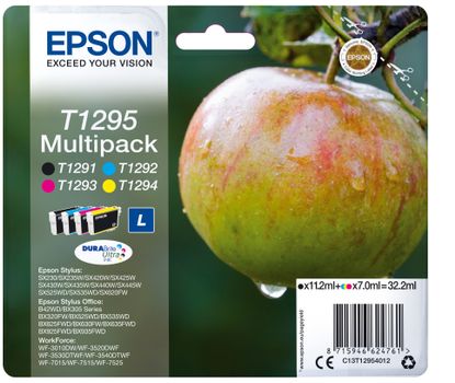 EPSON T1295 ink cartridge black and tri-colour high capacity 11.2ml and 3 x 7ml 4-pack blister without alarm (C13T12954012)