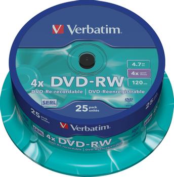 VERBATIM DVD-RW, 4x, 4,7 GB/120 min, 25-pakkaus spindle, SERL (43639)