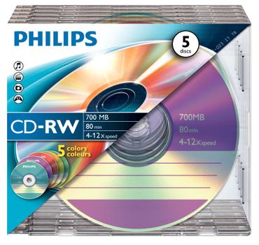 PHILIPS CD-RW Philips 700MB  5-Pack Slim Case colored discs 4-12x (CW7D2CC05/00)