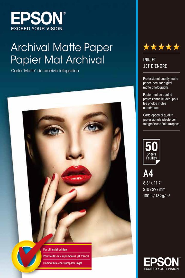 EPSON n Media, Media, Sheet paper, Archival Matte Paper, Graphic Arts  Photographic Paper, Home Speciality Media, Photo, A4, 210 mm x 297 mm,  189 g/m2, 50 Sheets, Singlepack Ilona IT