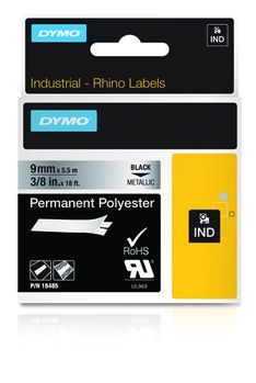 DYMO RhinoPRO märktejp perm polyester 9mm, svart på metallic, 5,5m (18485)