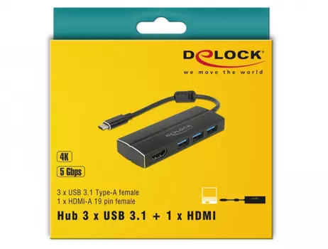 DELOCK USB 3.1 Gen 1 Adapter USB Type-C™ to 3 x USB 3.0 Type-A Hub + 1 x HDMI (63931)