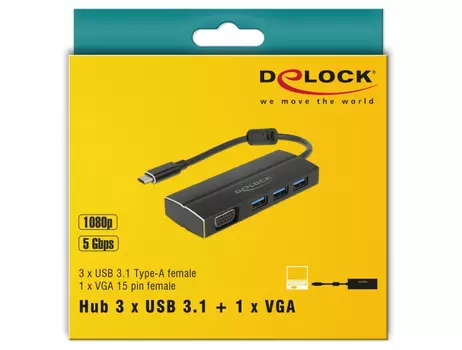 DELOCK USB 3.1 Gen 1 Adapter USB Type-C™ to 3 x USB 3.0 Type-A Hub + 1 x VGA (63932)