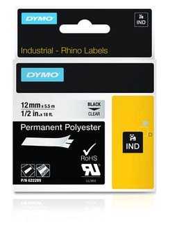 DYMO Rhino Prof, polyesteriteippi, 12mm, musta teksti läpinäk.teippi, 5, 5m (622289)
