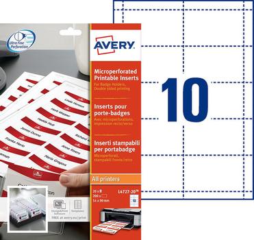 AVERY Micro Perforated Inserts for Badge Holders, 190 g, 54x9 10 Labels/ sheet/ 20 sheets/ pack (L4727-20)