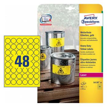 AVERY Laseretiket Avery stærk gul Ø30mm 48stk/ark 20ark/pak (L6128-20)