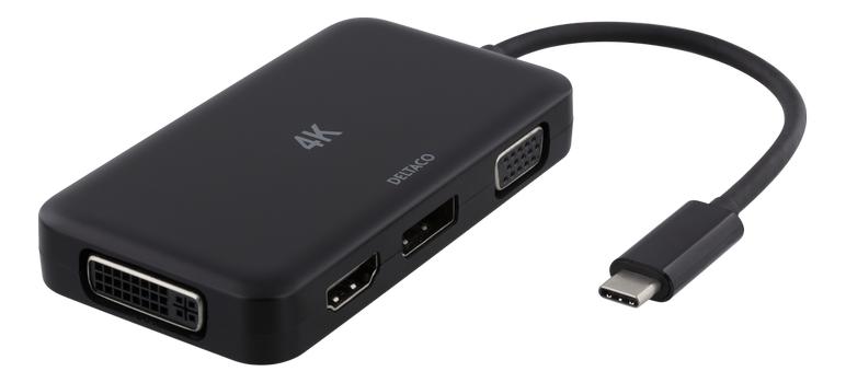DELTACO USB-C to HDMI/ DP/ DVI/ VGA adapter, 4K, DP Alt Mode, black (USBC-MULTI)