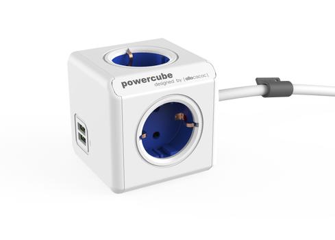 ALLOCACOC POWERCUBE Extended 4-Way 2x USB Blå 4 strømutganger,  2x usb porter, automatsikring,  jordet, barnesikring,  1,5m kabel (1402BLDEEUPC)