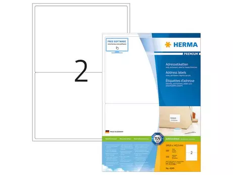 Herma Premium - Papir - matt - permanent selv-adhesiv - hvit - 199.6 x 143.5 mm 200 etikett(er) (100 ark x 2) laminerte adresseetiketter (4249)