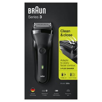 BRAUN Series 3 300 Elektrisk Barbermaskin (sort) 3 barberingelementer,  tråløs, oppladbart batteri, kan vaskes under rennende vann (163305)