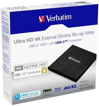 Verbatim Ultra HD 4K External Slimline Blu-ray Writer with USB-C connection (43888)