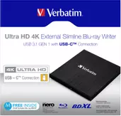 Verbatim Ultra HD 4K External Slimline Blu-ray Writer with USB-C connection (43888)