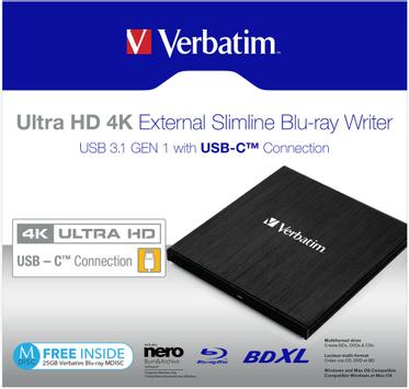 Verbatim Ultra HD 4K External Slimline Blu-ray Writer with USB-C connection (43888)