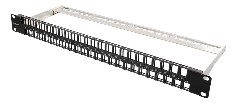 DELTACO 19" Keystone patch panel, 48 ports, 1U, aluminium,  black (PAN-115)