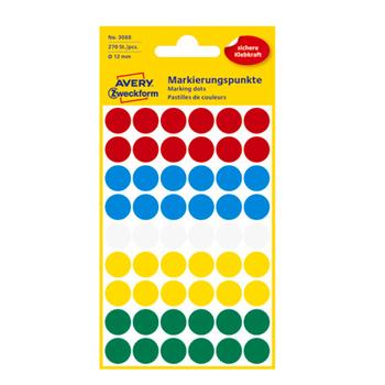 AVERY Etiket Avery ass. farver Ø12mm 3088 270stk/ pak (3088)