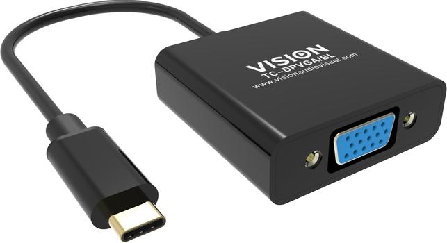 VISION USB C to VGA adaptor -plugs into USB C and has full-sized VGA socket - maximum resolution 2560 x 1600 at 60 hz - USB C 3.2 (m) to VGA (f) - driver built into adaptor - black (TC-USBCVGA/BL)