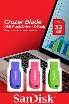 SANDISK Cruzer Blade 32GB USB 3.0 Capless Flash Drives 3 Pack Blue Green and Pink (SDCZ50C-032G-B46T)