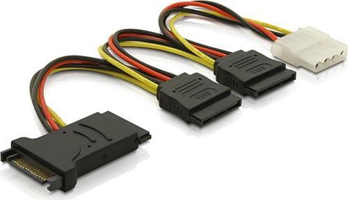 DELTACO 15-pin SATA power to 15-pin SATA and Molex 4-pin power | Adapter | 0,15m (SATA-16)