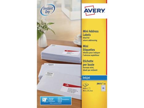 AVERY Inkjet Mini Label 38.1x21.2mm 65 Per A4 Sheet White (Pack 1625 Labels) J8651-25 (J8651-25)
