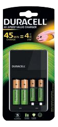 DURACELL Laddare 4 timmar + 2 x AA Laddbara Plus Batteri (118577)