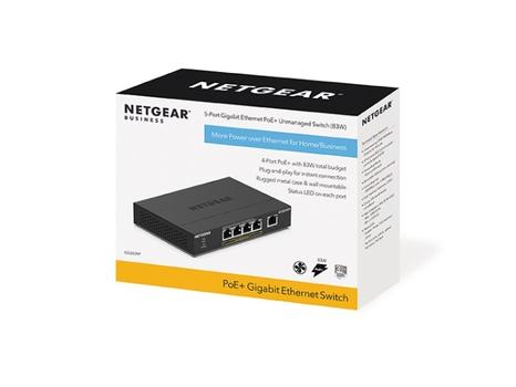 NETGEAR R 300 Series GS305PP - Switch - SOHO - unmanaged - 5 x 10/ 100/ 1000 (4 PoE+) - desktop, wall-mountable - PoE+ (83 W) (GS305PP-300EUS)