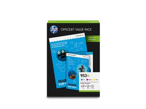 HP 953XL Office Value Pack - 3-pack - Lång livslängd - färg (cyan, magenta, gul) - bläckpatron/ papperssats - för Officejet Pro 77XX, 82XX, 87XX (1CC21AE)