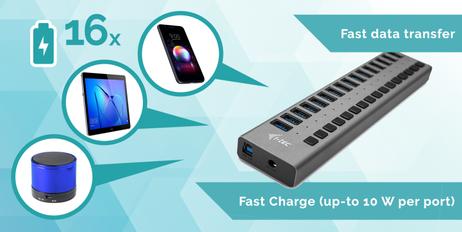 I-TEC USB 3.0 Charging HUB 16 port + Power Adapter 90 W - hub - 16 porter (U3CHARGEHUB16)