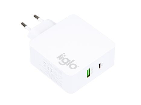 IIGLO 48W Väggladdare (vit) 1xUSB-C PD30W, 1xUSB-A 18W (II-UC003W)